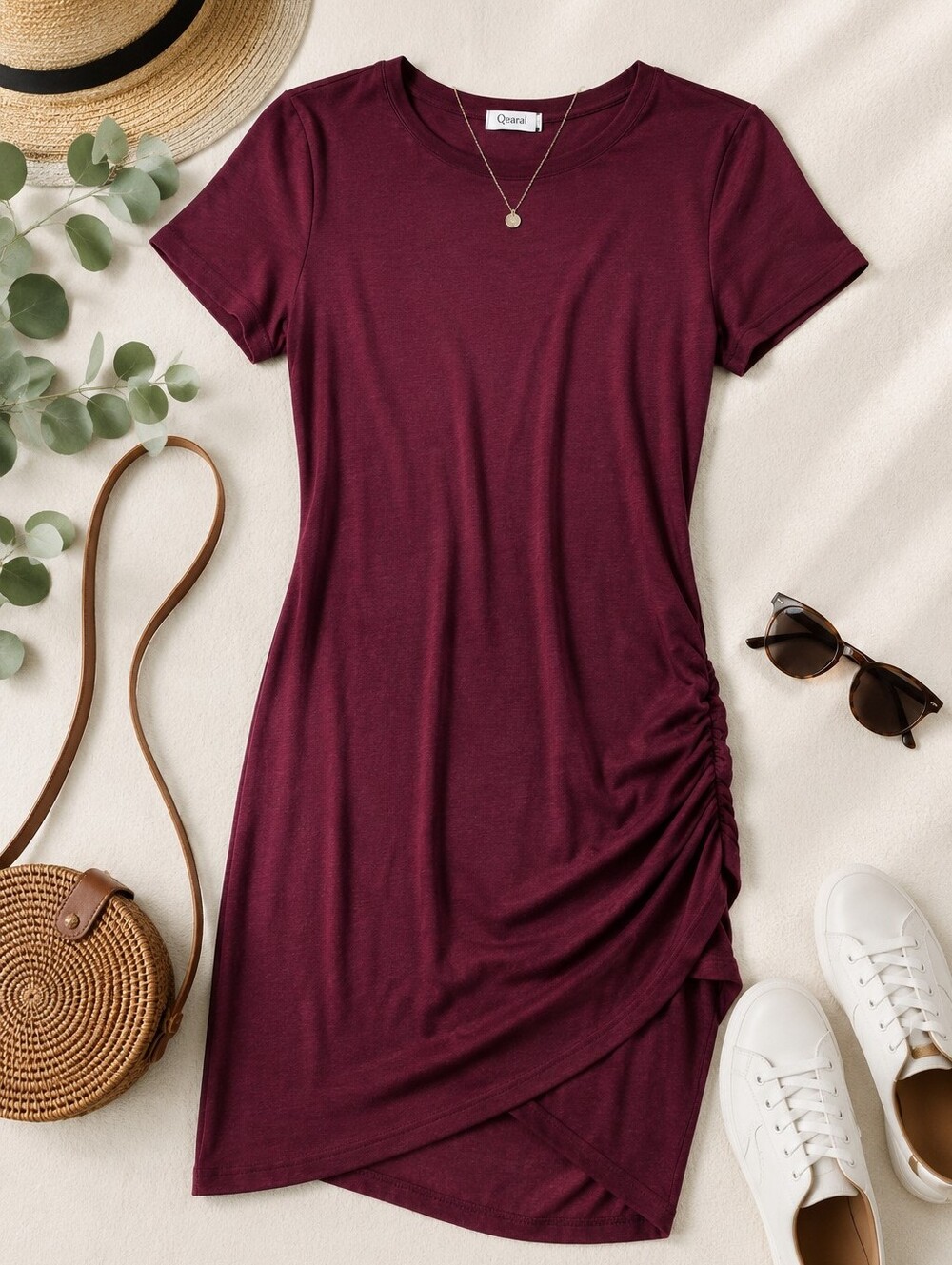 Qearal Burgundy Ruched Bodycon Dress Size Small Asymmetrical Hem Stretch